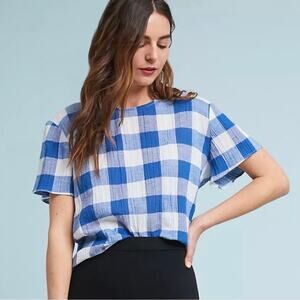 Anthropologie Mara Hoffman White Blue Gingham Short Sleeve Blouse Top